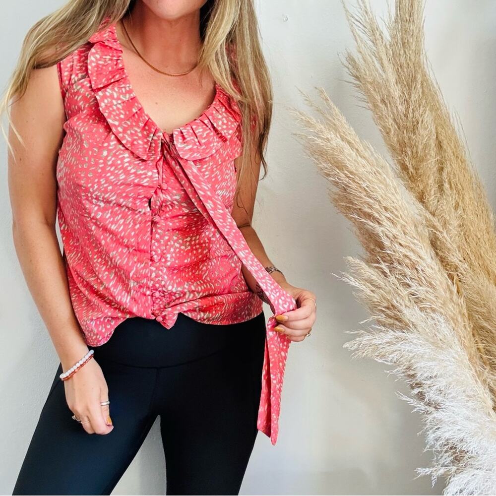 BANANA REPUBLIC Salmon Pink Cream Beige Print Neck Tie Button Tank Top Blouse S - Picture 7 of 14